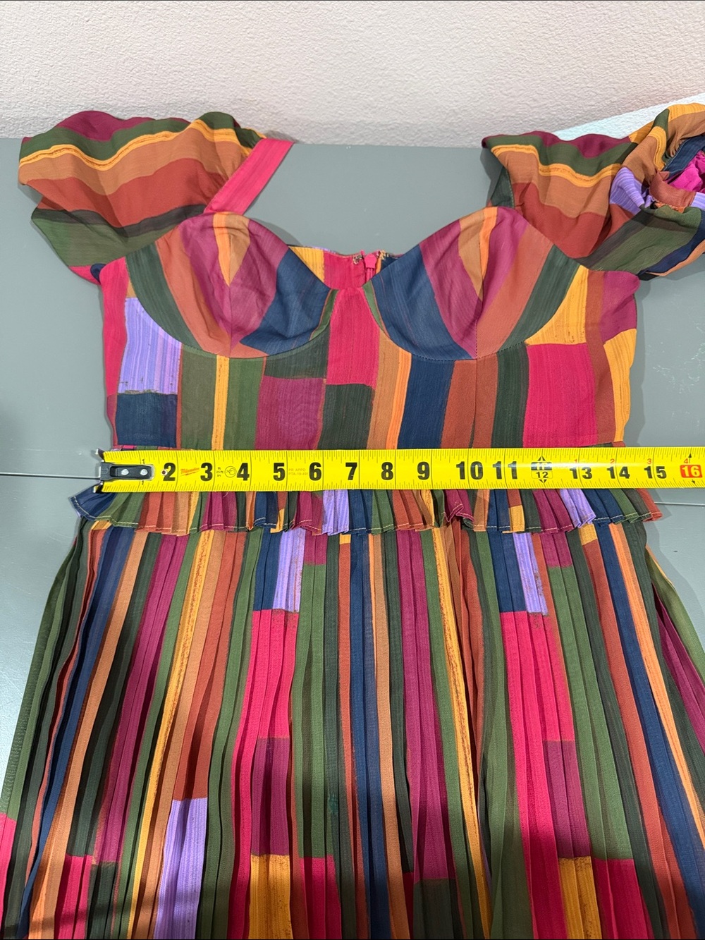 Farm Rio Multicolor Pleated Maxi Dress Puff Sleeve Sweetheart Neckline Size M - Picture 7 of 7